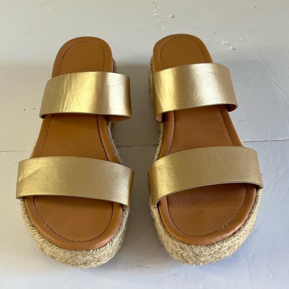 Lily Morgan Gold Espadrille Platform Sandals with Double Straps, Size 8